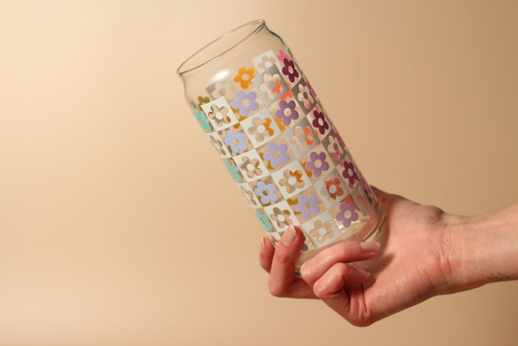 20 oz Checkered Flower Glass